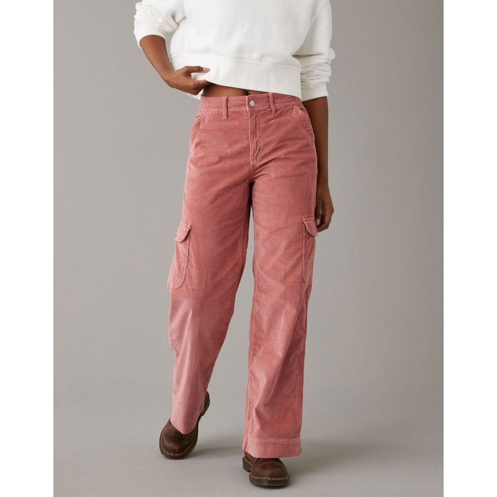 American Eagle Stretch Super High-Rise Baggy Wide Leg Cargo Pants Pink Cord 0